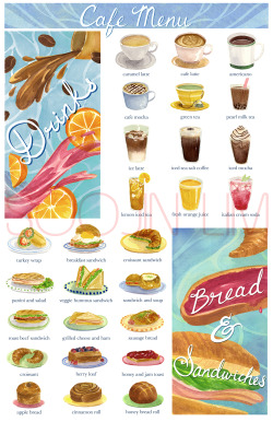 imsoojin:  My Junior Thesis project! Since I like food illustration and design based stuff a lot, I figured an illustrated cafe menu would be a fun project ^^All spots and panels done in watercolor, and then cleaned and placed the lettering digitally.
