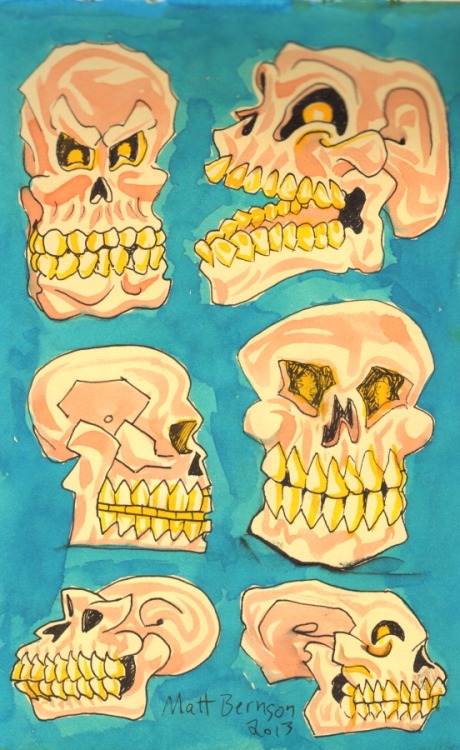 Skulls, skulls!  And MORE skulls!   Yeah, this was what I was doing covertly while the whole “inktober” thing went down. Ink and/or watercolor on paper, 5"x8", Matt Bernson 2013