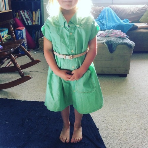 I made a dress for Weeze out of one of her Dadda&rsquo;s old work shirts. Came out perfect! I am goi