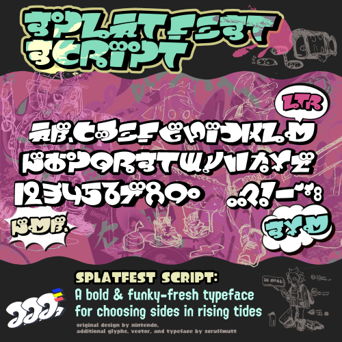 Showcases a typeface consisting of letters that combine Greek, Japanese, and English glyphs into something unique and fun. The bottom reads Splatfest Script: A bold and funky-fresh typeface for choosing sides in rising tides. In tiny text, it reads original design by nintendo, additional glyphs, vector, and typeface by scruffmutt. The overall design is bright, colorful, and full of art and sketches.