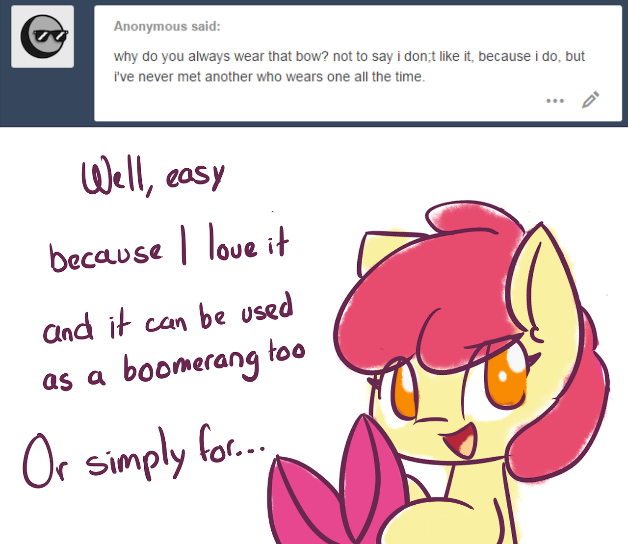 asklittleapplebloom: asklittleapplebloom:  AppleBloom answers RANDOM QUESTIONS (Part