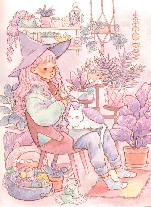 Cozy knitting witch ❀You can buy a print of it in my store: www.etsy.com/shop/alisavysochina