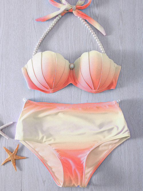 Halter Neck Tie Dye Pearl Embellished Bikini Set