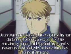 fullmetal-headcanon:   Jean was born blonde, but over time his hair darkened to brown, except for the remaining blonde tuft. He and his parents never understood why or how, but they found it amusing.  Submitted by anonymous 