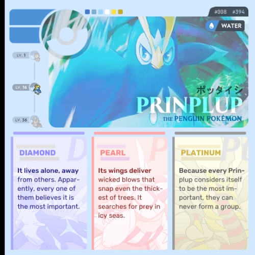 Sinnoh Pokémon → Prinplup, the Penguin PokémonPrinplup (Japanese: ポッタイシ Pottaishi) is a blue, pengui