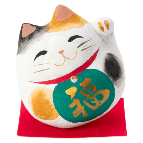 A cute maneki neko from Aizu Wakamatsu in Fukushima Prefecture. This cat is made from paulownia sawd