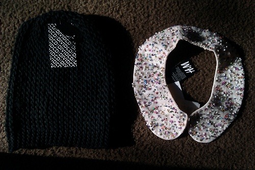 goodies from today; a knit beanie and a sequin collar (i have been eyeing it for sometime now, and now i hath acquired it.)