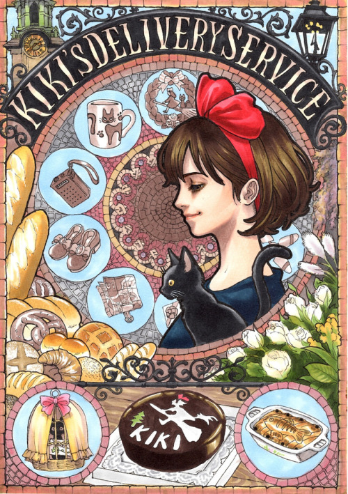 miyazakimoonprincess:  Miyazaki/ Mucha/ Art Nouveau Inspired art by Pixiv user marlboro. Found on this article. Very awesome art. My fav’s are Kiki and Castle in the Sky… 