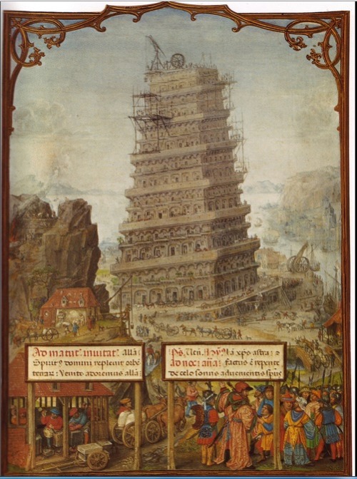 Unknown miniaturist, “Tower of Babel”, Grimani Breviary, 1490-1510, illumination on parchment, 280 x
