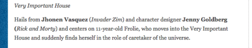 jhonenv:  Some of you may have seen this announcement in The Hollywood Reporter about Disney’s new TV animation deals in which my pilot was mentioned, yeah? Just wanted to clarify that cunch (J.R Goldberg), did indeed do character designs, but she’s