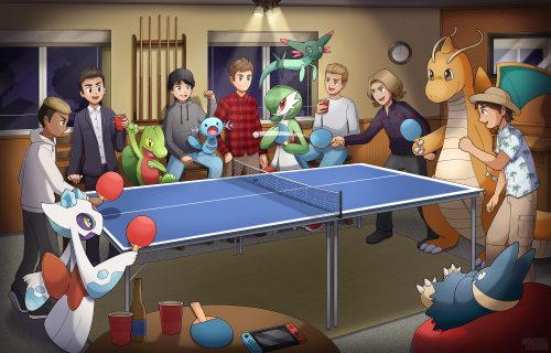 Big pokemon commission of a group of friends hanging out and playing ping pong with their pokemon!