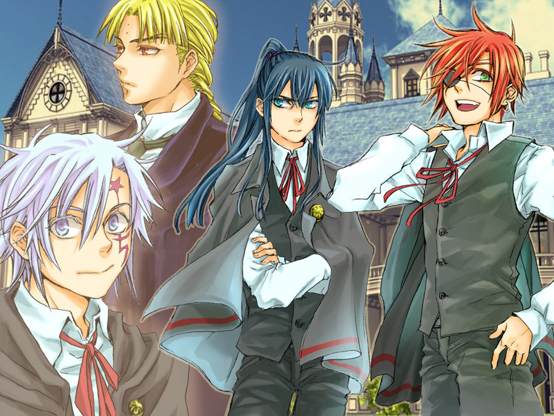 key visual for Secret Garden, showing Lavi, Kanda, Allen, and Link in school uniforms