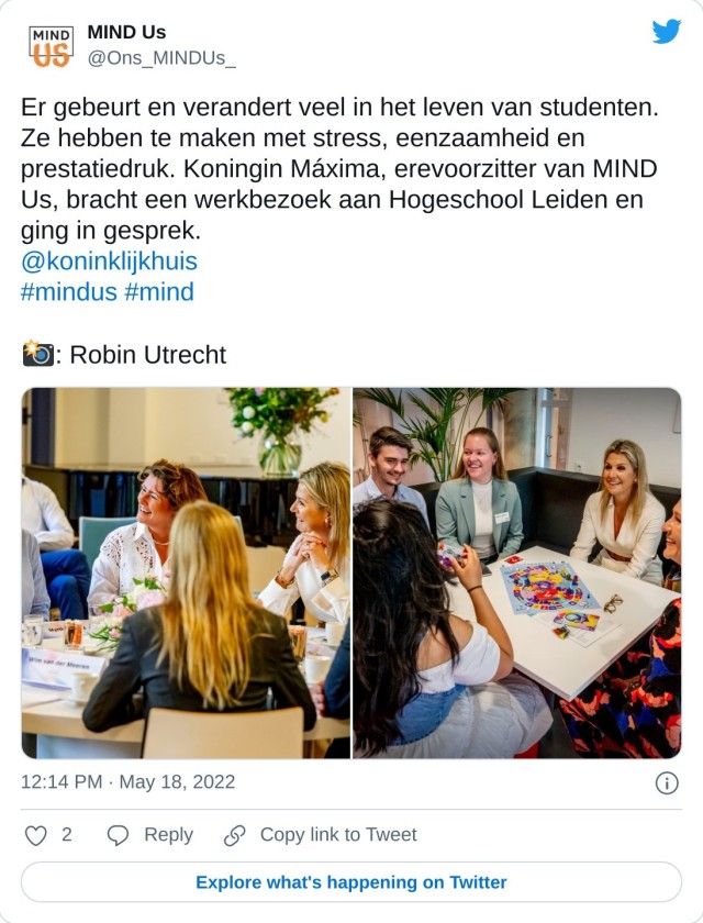 Er gebeurt en verandert veel in het leven van studenten. Ze hebben te maken met stress, eenzaamheid en prestatiedruk. Koningin Máxima, erevoorzitter van MIND Us, bracht een werkbezoek aan Hogeschool Leiden en ging in gesprek. @koninklijkhuis #mindus #mind : Robin Utrecht pic.twitter.com/53AQztI5ft — MIND Us (@Ons_MINDUs_) May 18, 2022