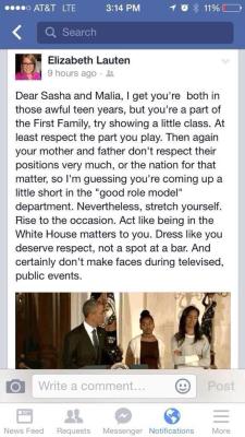 no:  trixstra:  flawlessxqueen:  jadebrieanne:  jadebrieanne:  Elizabeth Lauten, Communications Director at United States Congress, decided to shame the First Kids on her Facebook page.   dress like you deserve respect, not a spot at the bar.  She then