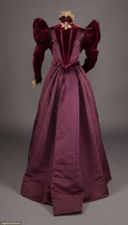 BURGUNDY SILK, VELVET & LACE VISITING DRESS, c. 1894-18952-pc visiting dress in burgundy satin &