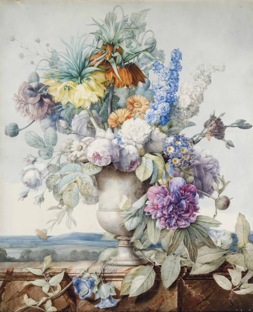Pierre-Joseph Redouté (1759-1840)A bunch of flowers in an alabaster vase on a stylobate, a hilly lan