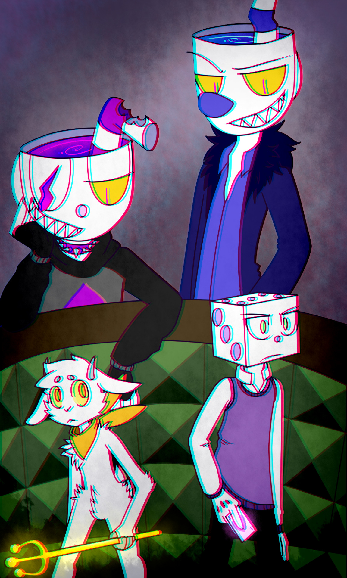 208832 - safe, artist:_lowpoly, artist:inkybuttz, collaboration, king dice  (cuphead), the devil (cuphead), demon, fictional species, humanoid,  cuphead, 2d, blushing, cigar, group, male, male/male, males only, self  paradox, simple background, white