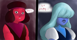 narootos:   rupphire bomb day 1: beginnings sapphire is pink diamond’s (rose quartz) ‘left hand gem’ and ruby is a recruit among the gems that pink diamond is bringing to earth; they “meet” each other at a meeting about the mission sapphire