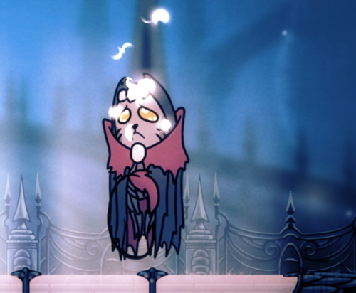 a cropped screenshot of the soul master boss fight from hollow knight. soul master is stunned and deflated, and he's been edited to look like a sad, pathetic cat.