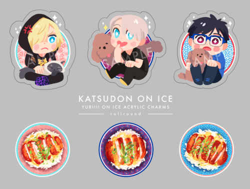 Katsudon on Ice!Yuri!!! On Ice double-sided clear acrylic charms, available for preorder here!