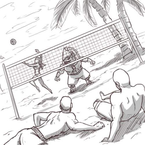 skyllianhamster: Did you mean Ashley and Wrex demolishing the boys at beach volleyball? Virmire crew