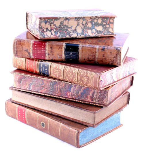 19th Century Leather Bindings with marbled and coloured page adges