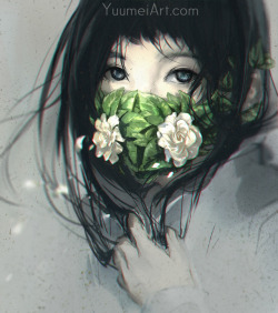 yuumei-art:    This painting is inspired by my recent trip to China. Growing up there I always had poor health and would cough up a lot of phlegm, and every time I went back I would bring a smog mask. This time I forgot to pack mine, so the first few