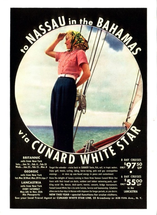 1939 to Nassau in the Bahamas via Cunard White Star Source: Time Magazine  Published at: https://pro