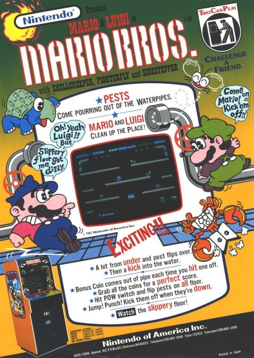 suppermariobroth:1983 arcade flyer for Mario Bros., notable for slightly incorrect grammar and spell