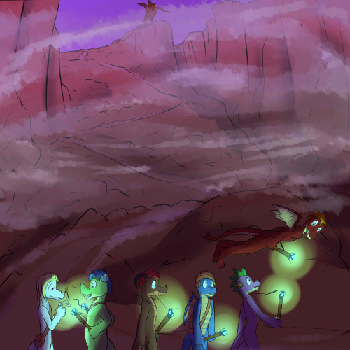 Spike’s Quest - Chapter 7[P 165]The six descended down the path, torches in hand into the darkness.  A haze of clouds started to become denser the further they walked down the path.“Woah, this crater goes down really far,” Mangle said floating