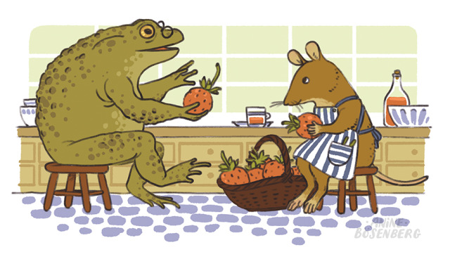 A drawing of a toad and a mouse sitting on wooden stools in a toad-and-mouse-sized kitchen. There is a basket full of strawberries on the tiled floor. The toad is holding a strawberry while explaining something to the mouse.