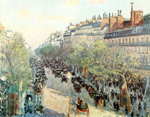 insipit:  Camille Pissarro (1830–1903, France)Boulevard Montmartre series  Pissarro was a Danish-French Impressionist and Neo-Impressionist painter. He studied from great forerunners, including Gustave Courbet and Jean-Baptiste-Camille Corot, then later