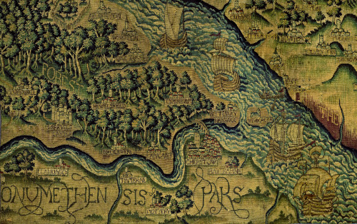 willigula:A detail from the Sheldon Tapestry Map of Gloucestershire, showing Chepstow and the inters