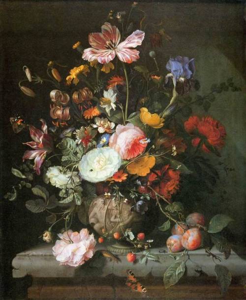 Flowers in a Stone Vase, Jacob Walscapelle, 1677