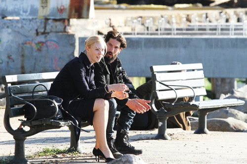 netflixdefenders:Jon Bernthal and Deborah Ann Woll in Brooklyn’s Kent avenue waterfront on October 5