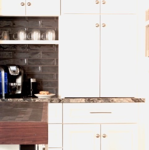 Beach Style Kitchen - DiningLarge Beach Style L-shaped Ceramic Tile And Beige Floor Eat-in Kitchen Photo