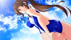 abaslev:  brown eyes brown hair clouds long hair original ponytail sky swimsuit tachikwa kousuke wet | konachan.com - Konachan.com Anime Wallpapers