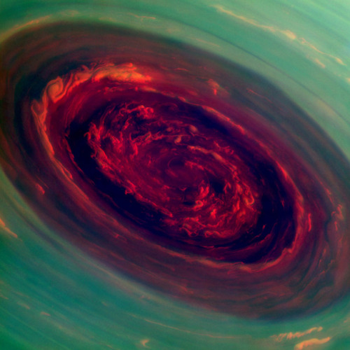 The spinning vortex of Saturn&rsquo;s north polar storm resembles a deep red rose of giant proportio