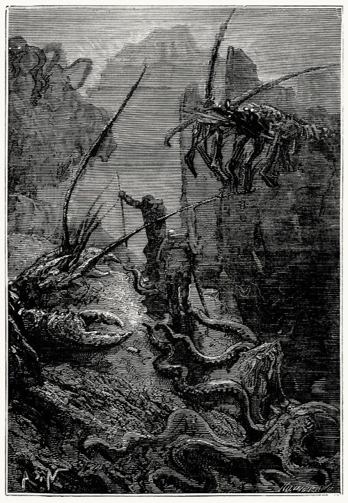 oldbookillustrations:  Giant lobsters, titanic crabs…  Alphonse de Neuville, from Vingt mille lieues sous les mers (Twenty thousand leagues under the seas), by Jules Verne, Paris, 1871.  (Source: archive.org)