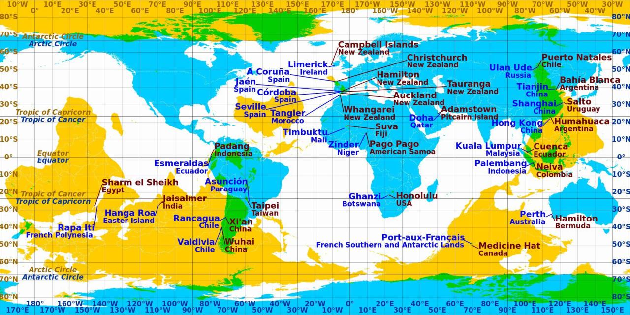 Cities and towns which are near antipodes in equirectangular projection. Blue labels correspond to the cyan areas and brown labels correspond to the yellow areas. Areas where blue and yellow overlap (coloured green) are land antipodes.