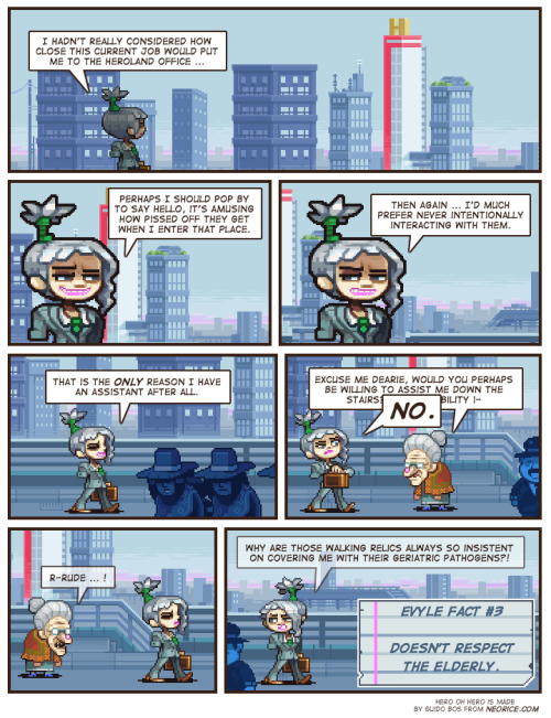 Today’s page of my pixelart webcomic HERO OH HERO, Evyle doing her job and social distancing. Appare