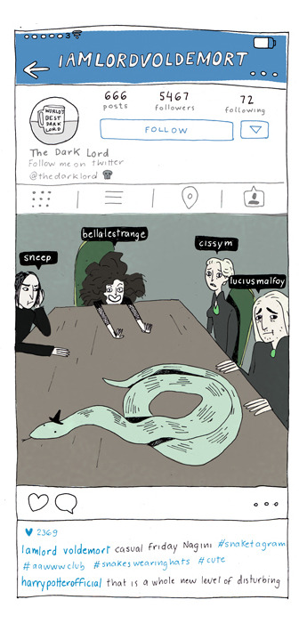 harrypotterconfessions:  sparkitors:  The BRILLZ-WITH-SKILLZ-TO-PAY-THE-BILLZ Vitoria Bas illustrated 17 Instagrams straight from the cell phones of Draco, Hermione, Harry, & more—and don’t even try to tell us that cell phones don’t work at