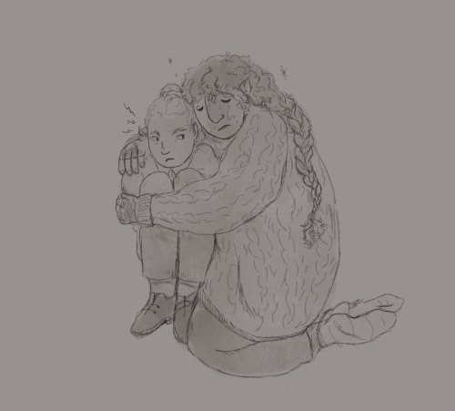 a warm greyscale drawing of Lucy Frostblade and Kipperlilly Copperkettle. Lucy is on her knees hugging Kipperlilly, who sits with her knees up to her chest and a slightly angry expression. Lucy has her eyes closed and her hair down in a long braid.