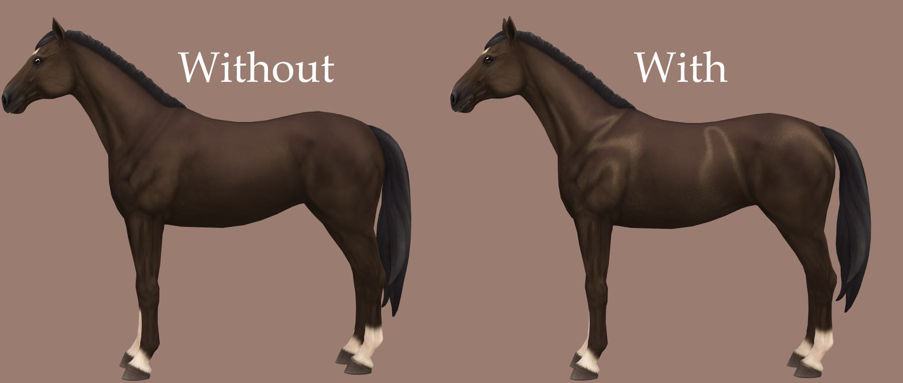 A preview of a horse with and without the shine stencil