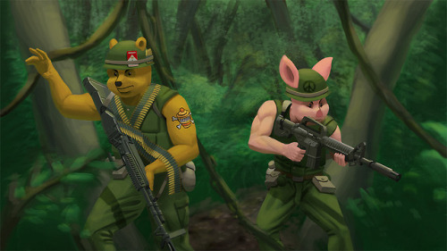 Commission work. Winnie the Pooh and Piglet in Vietnam. Light and dark versions.