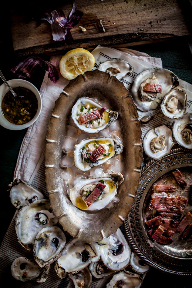 chroniclebooks:  Grilled Oysters on the Half Shell with Grilled Proscuitto &amp;