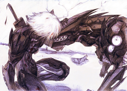 Cyborg and robot.  Desc: Raiden is caressing the head of Bladewolf as sign of gratitude. I like