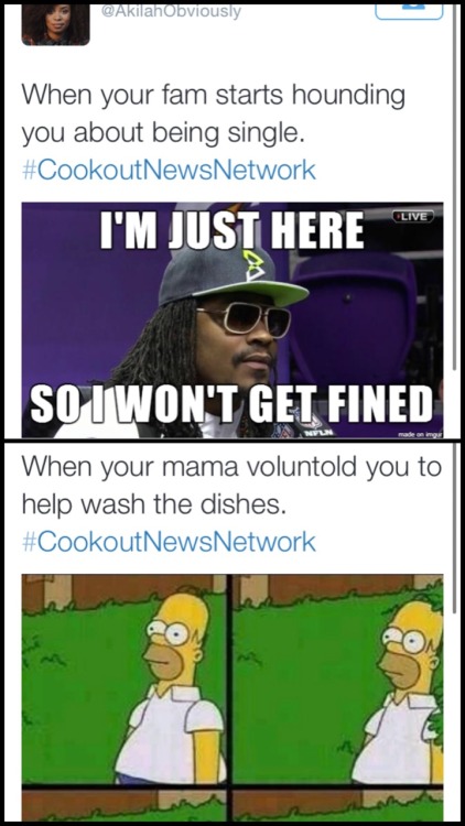 kingpushatits:  mabintzzzz:  i-will-call-you-thiquesawsebawse:  s1uts:  jazminsthoughts:  😩 #cookoutnewsnetwork was way too funny. These are my faves.  THE COUSINS FROM NY IM SOOOOO WEAK  I’m dead at “voluntold” because its too truuuuuuu!!!!