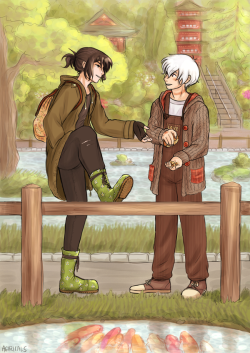 agaricals:  Commission for zayeden - modern Nezumi and Shion on a date in Japanese Tea Gardens in San Francisco, feeding the koi fish ~Thank you so much!Commissions info
