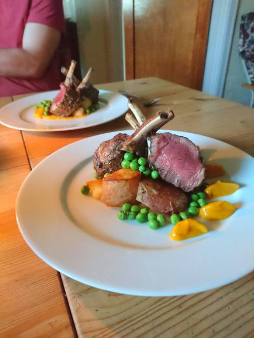 &ldquo;Roasted lamb rack with duck fat potatoes, minted peas and pumpkin puree. Featuring an attempt